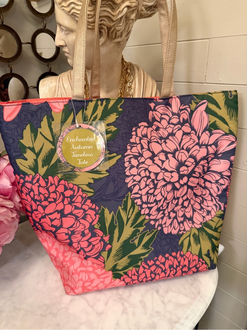 Enchanted Autumn Timeless Tote - Pink Floral Canvas double top handle NWT